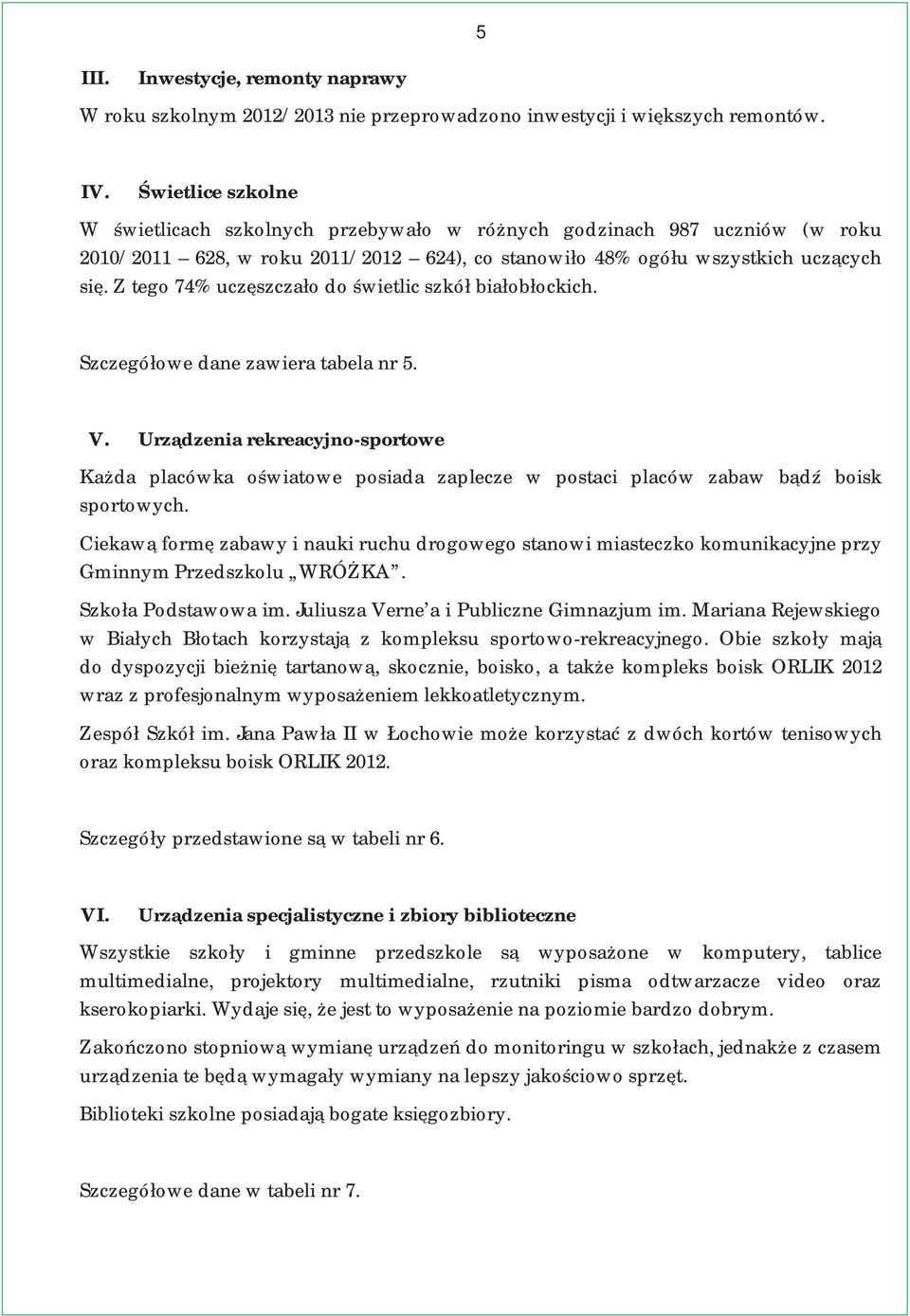 Z tego 74% uczęszczało do świetlic szkół białobłockich. Szczegółowe dane zawiera tabela nr 5. V.