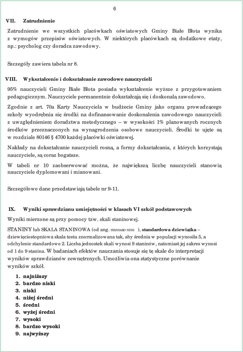 Wykształcenie i dokształcanie zawodowe nauczycieli 95% nauczycieli Gminy Białe Błota posiada wykształcenie wyższe z przygotowaniem pedagogicznym.