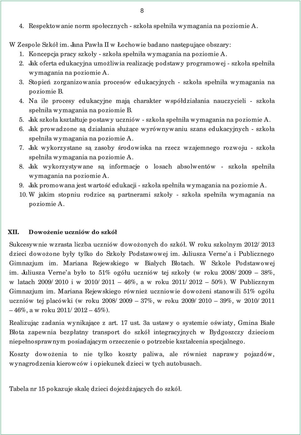 Stopień zorganizowania procesów edukacyjnych - szkoła spełniła wymagania na poziomie B. 4.