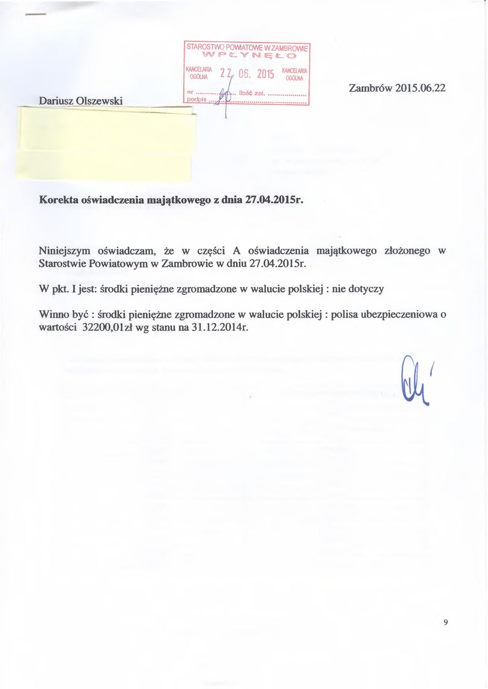 Niniejszym oświadczam, że w części A oświadczenia majątkowego złożonego w Starostwie Powiatowym w Zambrowie w dniu 27.04.2015r.