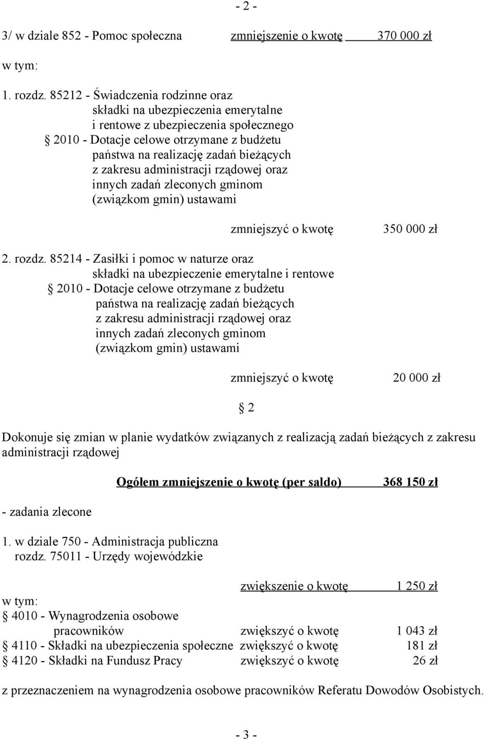 85214 - Zasiłki i pomoc w naturze oraz składki na ubezpieczenie emerytalne i rentowe zmniejszyć 20 000 zł Dokonuje się zmian w planie wydatków związanych z realizacją zadań bieżących z zakresu