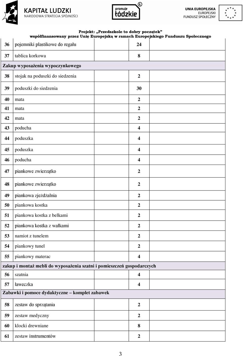 kostka z belkami 2 52 piankowa kostka z wałkami 2 53 namiot z tunelem 2 54 piankowy tunel 2 55 piankowy materac 4 zakup i montaż mebli do wyposażenia szatni i pomieszczeń