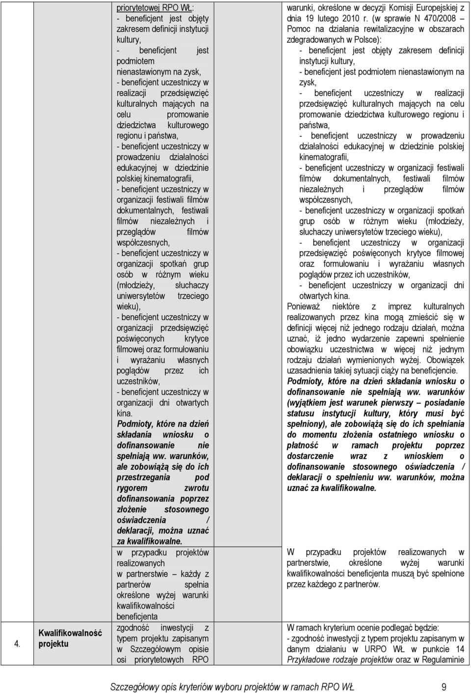 kinematografii, - beneficjent uczestniczy w organizacji festiwali filmów dokumentalnych, festiwali filmów niezaleŝnych i przeglądów filmów współczesnych, - beneficjent uczestniczy w organizacji