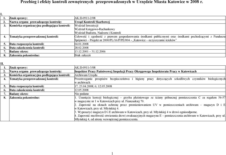 Tematyka przeprowadzonej kontroli: Celowość i zgodność z prawem gospodarowania środkami publicznymi oraz środkami pochodzącymi z Funduszu Spójności Projekt nr 2000/PL/16/P/PE/004 - Katowice