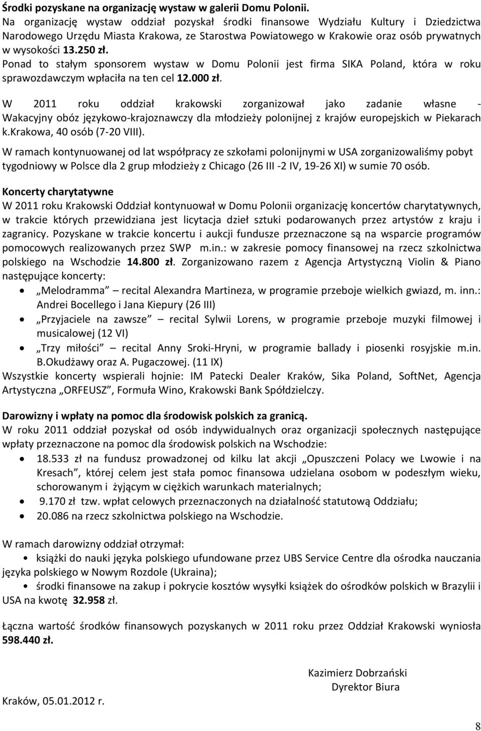 Ponad to stałym sponsorem wystaw w Domu Polonii jest firma SIKA Poland, która w roku sprawozdawczym wpłaciła na ten cel 12.000 zł.