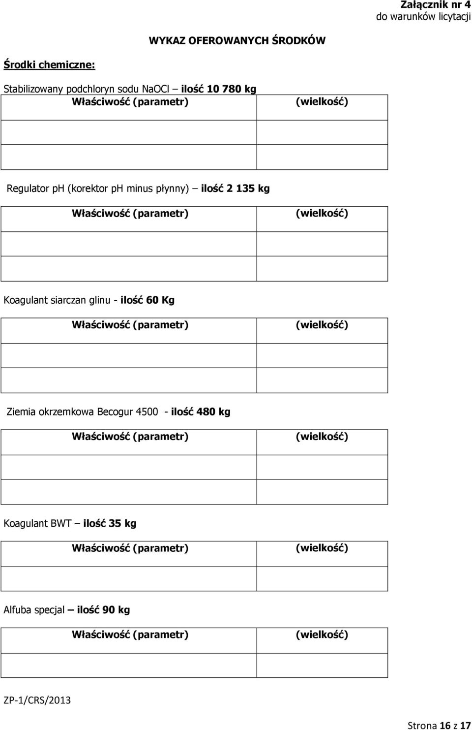 płynny) ilość 2 135 kg Koagulant siarczan glinu - ilość 60 Kg Ziemia okrzemkowa