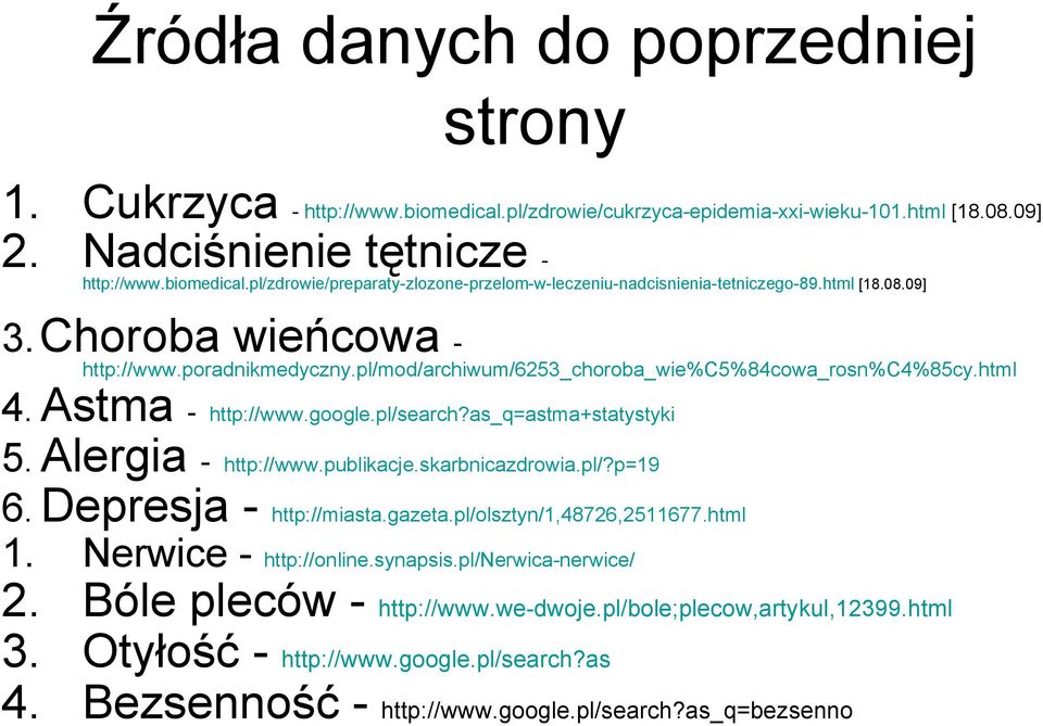 Alergia - http://www.publikacje.skarbnicazdrowia.pl/?p=19 6. Depresja - http://miasta.gazeta.pl/olsztyn/1,48726,2511677.html 1. Nerwice - http://online.synapsis.pl/nerwica-nerwice/ 2.