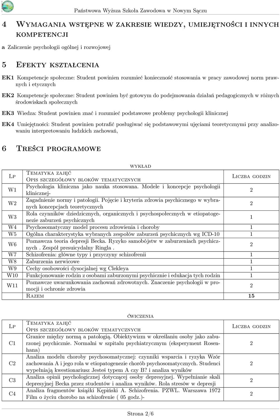 Wiedza: Student powinien znać i rozumieć podstawowe problemy psychologii klinicznej EK4 Umiejętności: Student powinien potrafić posługiwać się podstawowymi ujęciami teoretycznymi przy analizowaniu