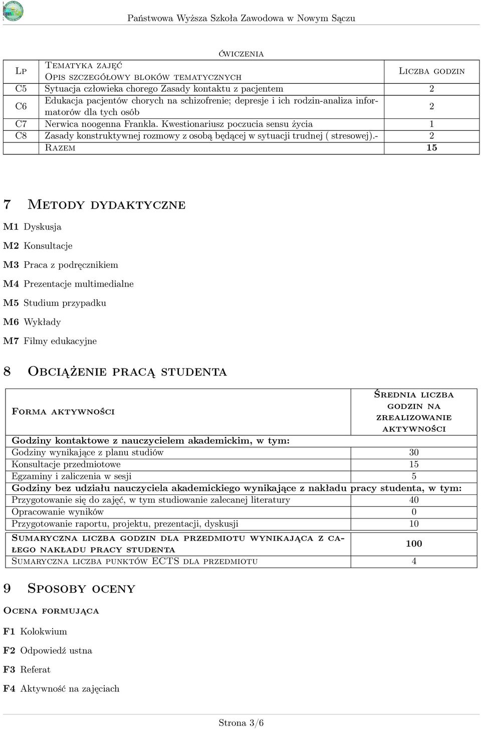 - Razem 15 7 Metody dydaktyczne M1 Dyskusja M Konsultacje M3 Praca z podręcznikiem M4 Prezentacje multimedialne M5 Studium przypadku M6 Wykłady M7 Filmy edukacyjne 8 Obciążenie pracą studenta Średnia