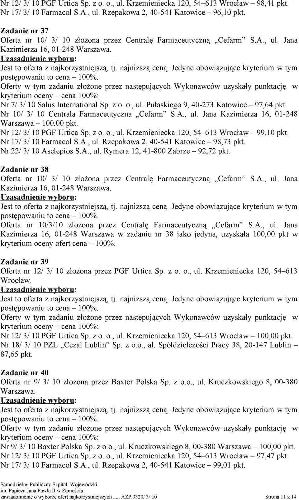 A., ul. Rzepakowa 2, 40-541 Katowice 98,73 Nr 22/ 3/ 10 Asclepios S.A., ul. Rymera 12, 41-800 Zabrze 92,72 Zadanie nr 38 Oferta nr 10/ 3/ 10 złożona przez Centralę Farmaceutyczną Cefarm S.A., ul. Jana Kazimierza 16, 01-248 Warszawa.