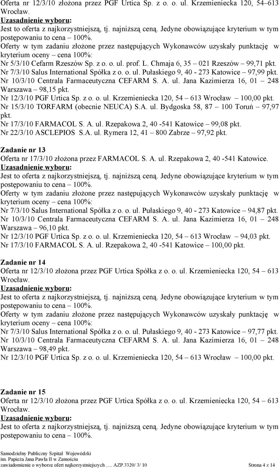 A. ul. Bydgoska 58, 87 100 Toruń 97,97 Nr 17/3/10 FARMACOL S. A. ul. Rzepakowa 2, 40-541 Katowice 99,08 Nr 22/3/10 ASCLEPIOS S.A. ul. Rymera 12, 41 800 Zabrze 97,92 Zadanie nr 13 Oferta nr 17/3/10 złożona przez FARMACOL S.