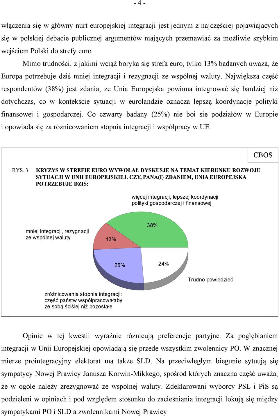 Największa część respondentów (38%) jest zdania, że Unia Europejska powinna integrować się bardziej niż dotychczas, co w kontekście sytuacji w eurolandzie oznacza lepszą koordynację polityki