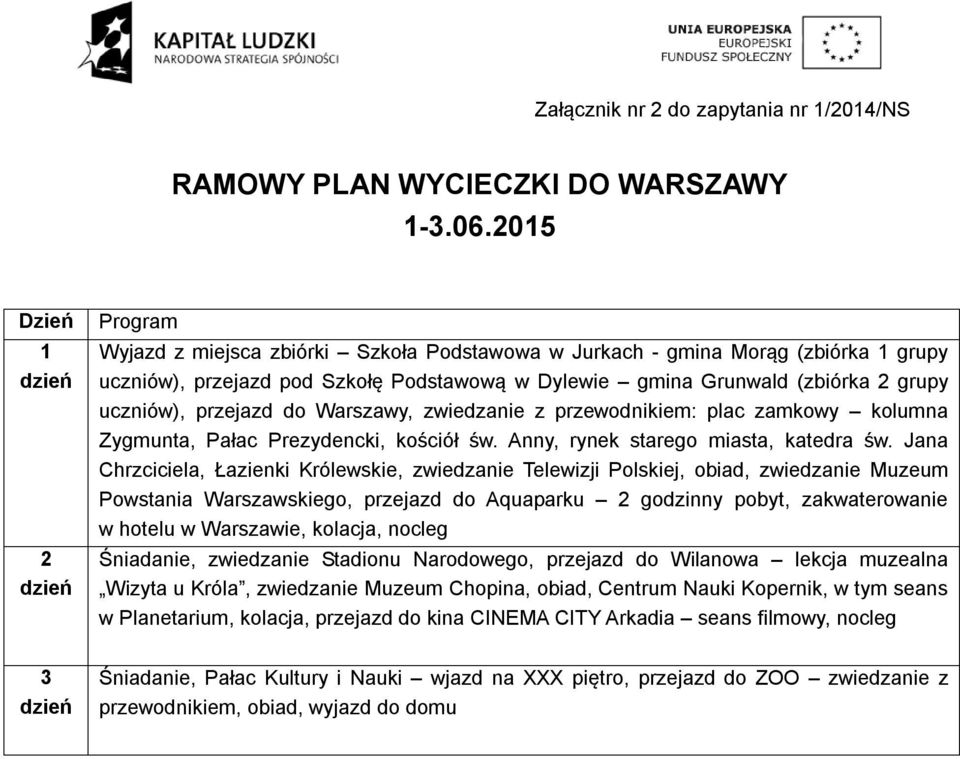 przejazd do Warszawy, zwiedzanie z przewodnikiem: plac zamkowy kolumna Zygmunta, Pałac Prezydencki, kościół św. Anny, rynek starego miasta, katedra św.