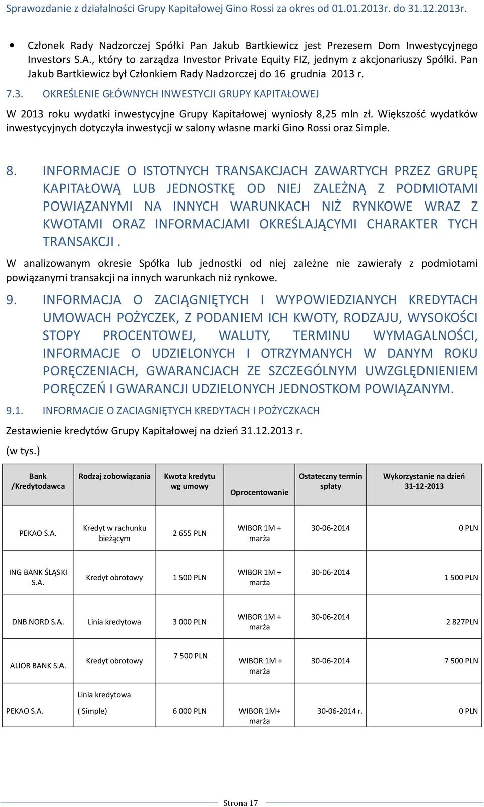 Większość wydatków inwestycyjnych dotyczyła inwestycji w salony własne marki Gino Rossi oraz Simple. 8.