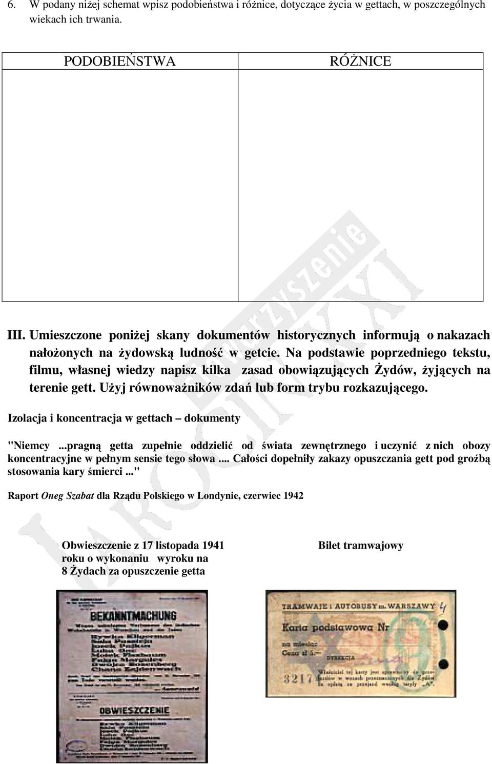 Na podstawie poprzedniego tekstu, filmu, własnej wiedzy napisz kilka zasad obowiązujących śydów, Ŝyjących na terenie gett. UŜyj równowaŝników zdań lub form trybu rozkazującego.