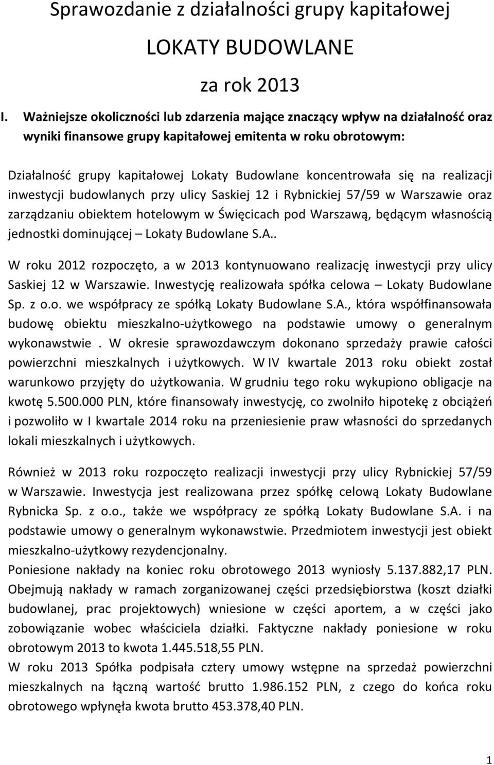 koncentrowała się na realizacji inwestycji budowlanych przy ulicy Saskiej 12 i Rybnickiej 57/59 w Warszawie oraz zarządzaniu obiektem hotelowym w Święcicach pod Warszawą, będącym własnością jednostki