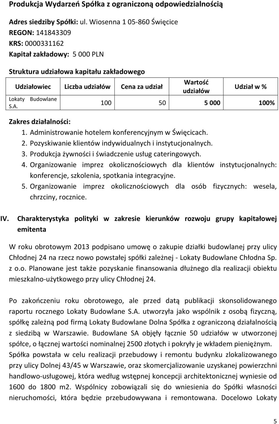 Liczba udziałów Cena za udział Wartość udziałów Udział w % 100 50 5 000 100% 1. Administrowanie hotelem konferencyjnym w Święcicach. 2. Pozyskiwanie klientów indywidualnych i instytucjonalnych. 3.