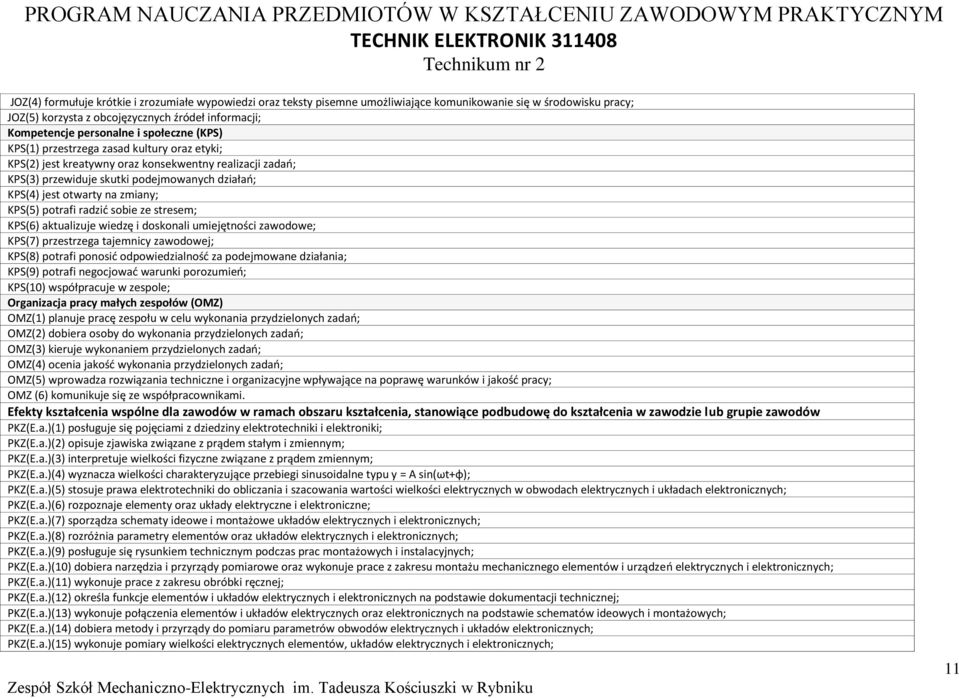 potrafi radzić sobie ze stresem; KS(6) aktualizuje wiedzę i doskonali umiejętności zawodowe; KS(7) przestrzega tajemnicy zawodowej; KS(8) potrafi ponosić odpowiedzialność za podejmowane działania;