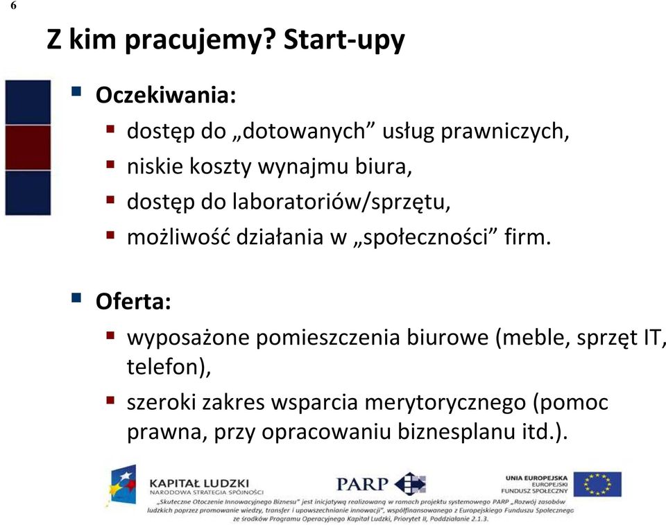 biura, dostęp do laboratoriów/sprzętu, możliwość działania w społeczności firm.