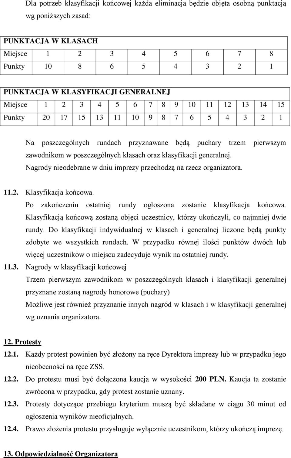 klasach oraz klasyfikacji generalnej. Nagrody nieodebrane w dniu imprezy przechodzą na rzecz organizatora. 11.2. Klasyfikacja końcowa.