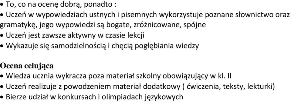 samodzielnością i chęcią pogłębiania wiedzy Ocena celująca Wiedza ucznia wykracza poza materiał szkolny obowiązujący w