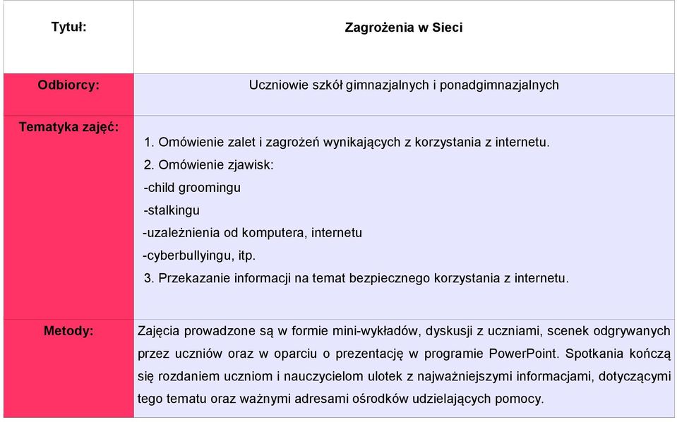 Przekazanie informacji na temat bezpiecznego korzystania z internetu.