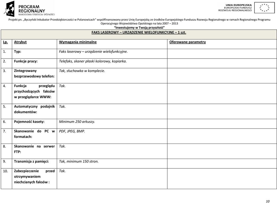 Funkcja przeglądu przychodzących faksów w przeglądarce WWW: 5. Automatyczny podajnik dokumentów: Tak, słuchawka w komplecie. 6.
