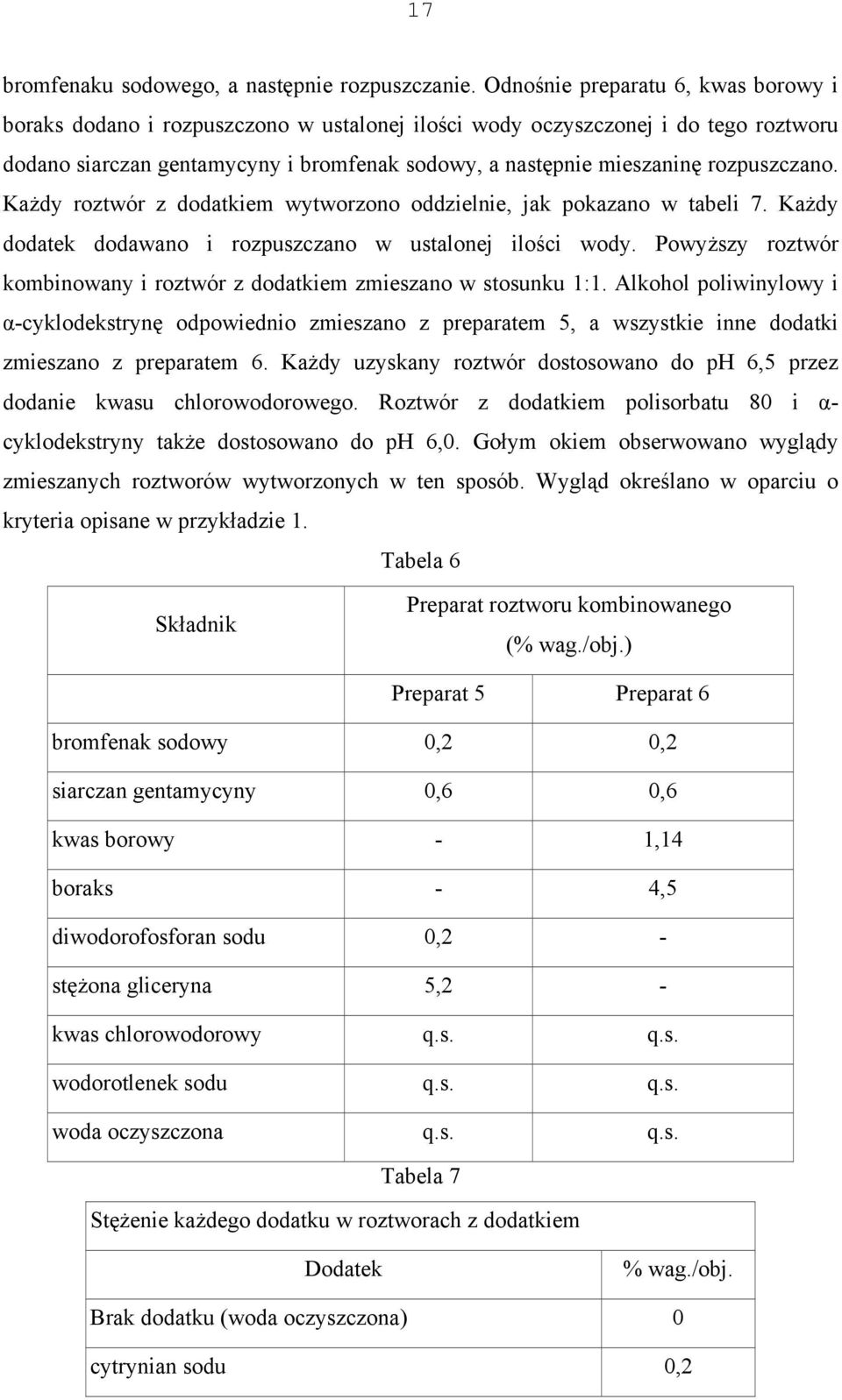 rozpuszczano. Każdy roztwór z dodatkiem wytworzono oddzielnie, jak pokazano w tabeli 7. Każdy dodatek dodawano i rozpuszczano w ustalonej ilości wody.