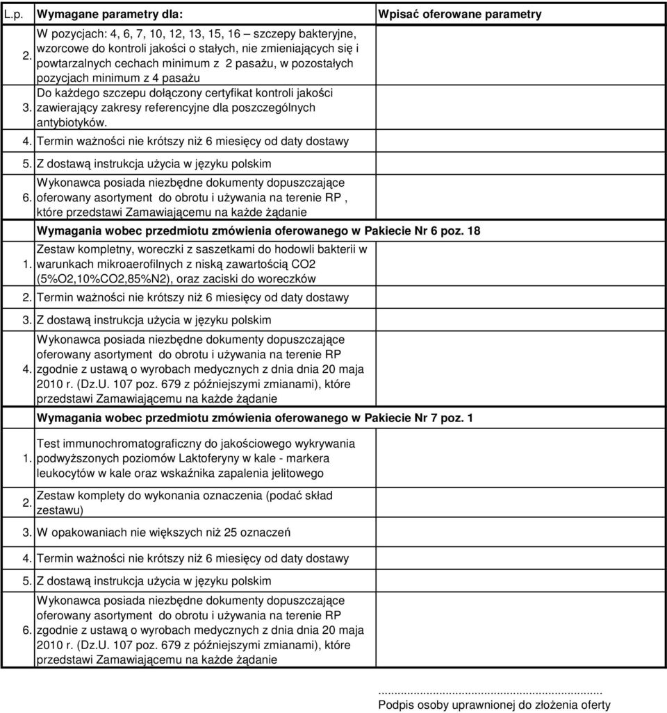 Termin ważności nie krótszy niż 6 miesięcy od daty dostawy, które Wymagania wobec przedmiotu zmówienia oferowanego w Pakiecie Nr 6 poz.