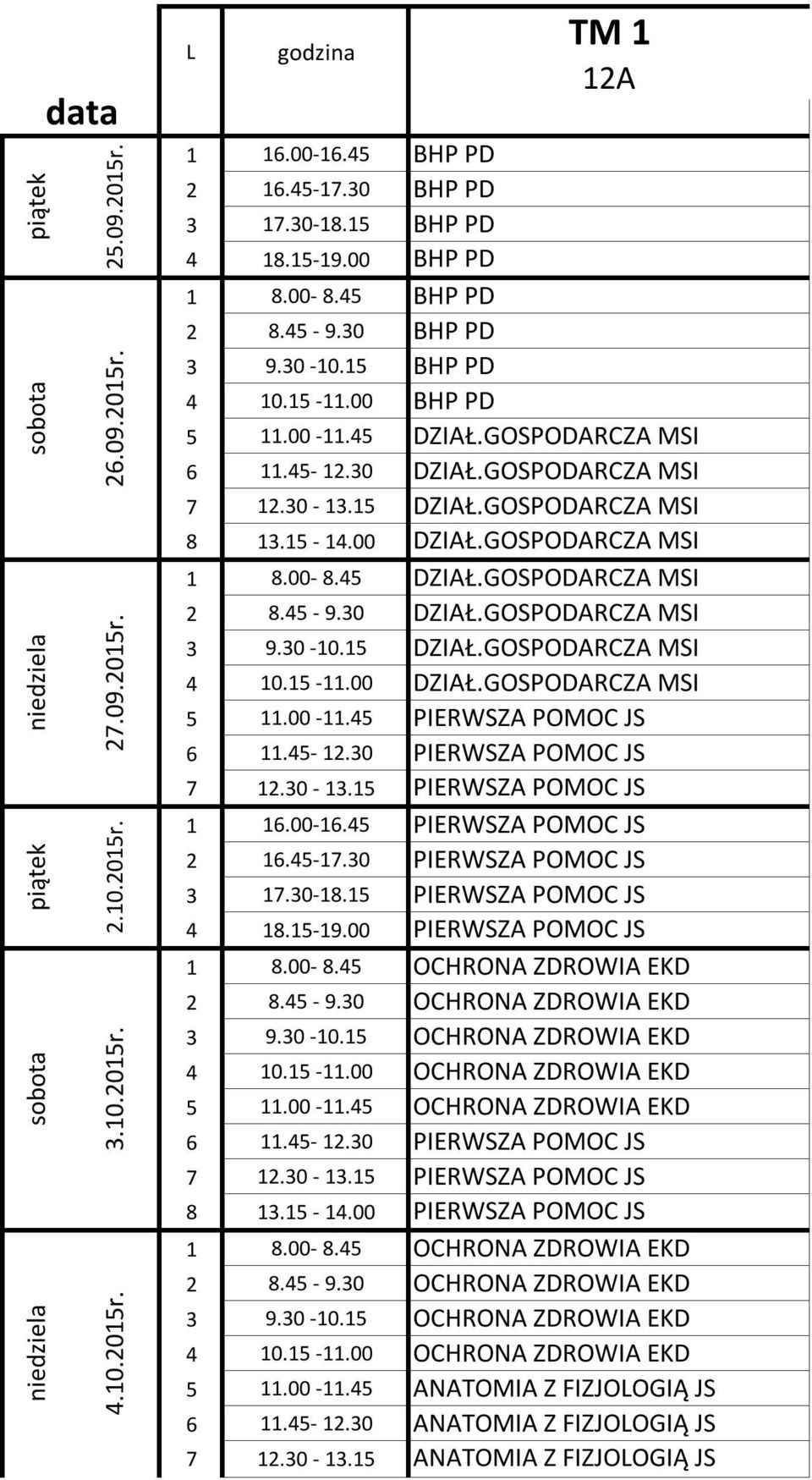 GOSPODARCZA MSI 8 13.15-14.00 DZIAŁ.GOSPODARCZA MSI 3 9.30-10.15 DZIAŁ.GOSPODARCZA MSI 4 10.15-11.00 DZIAŁ.GOSPODARCZA MSI 5 11.00-11.45 PIERWSZA POMOC JS 7 12.30-13.15 PIERWSZA POMOC JS 1 16.00-16.