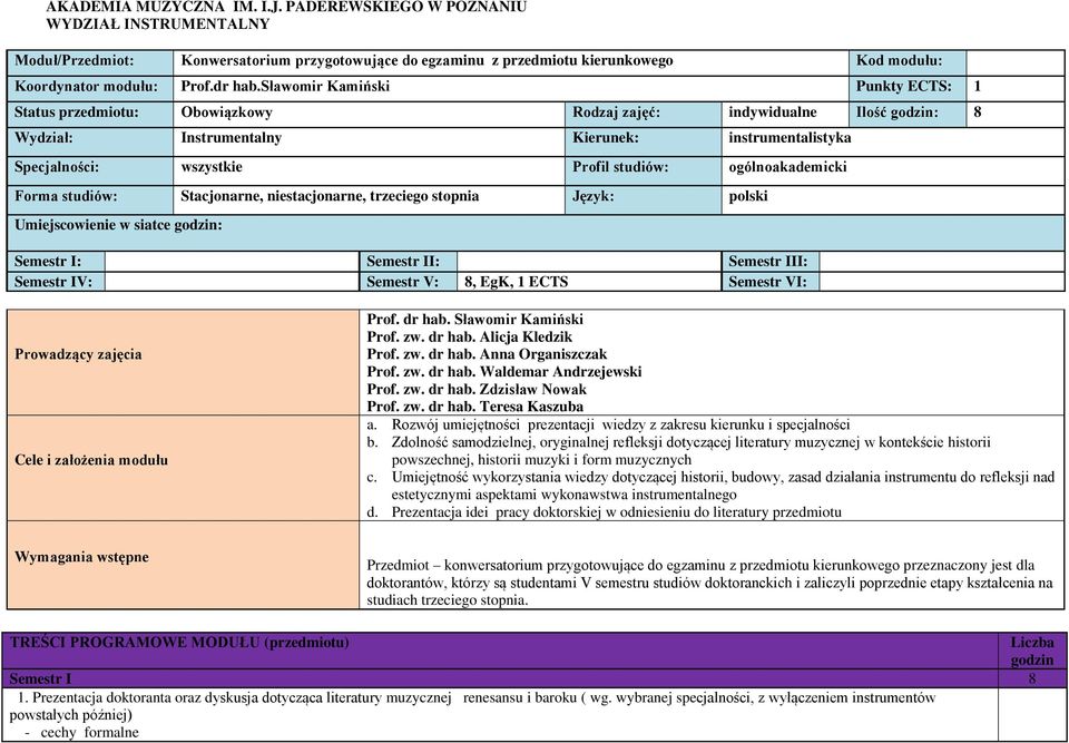 sławomir Kamiński Punkty ECTS: 1 Status przedmiotu: Obowiązkowy Rodzaj zajęć: indywidualne Ilość godzin: 8 Wydział: Instrumentalny Kierunek: instrumentalistyka Specjalności: wszystkie Profil studiów: