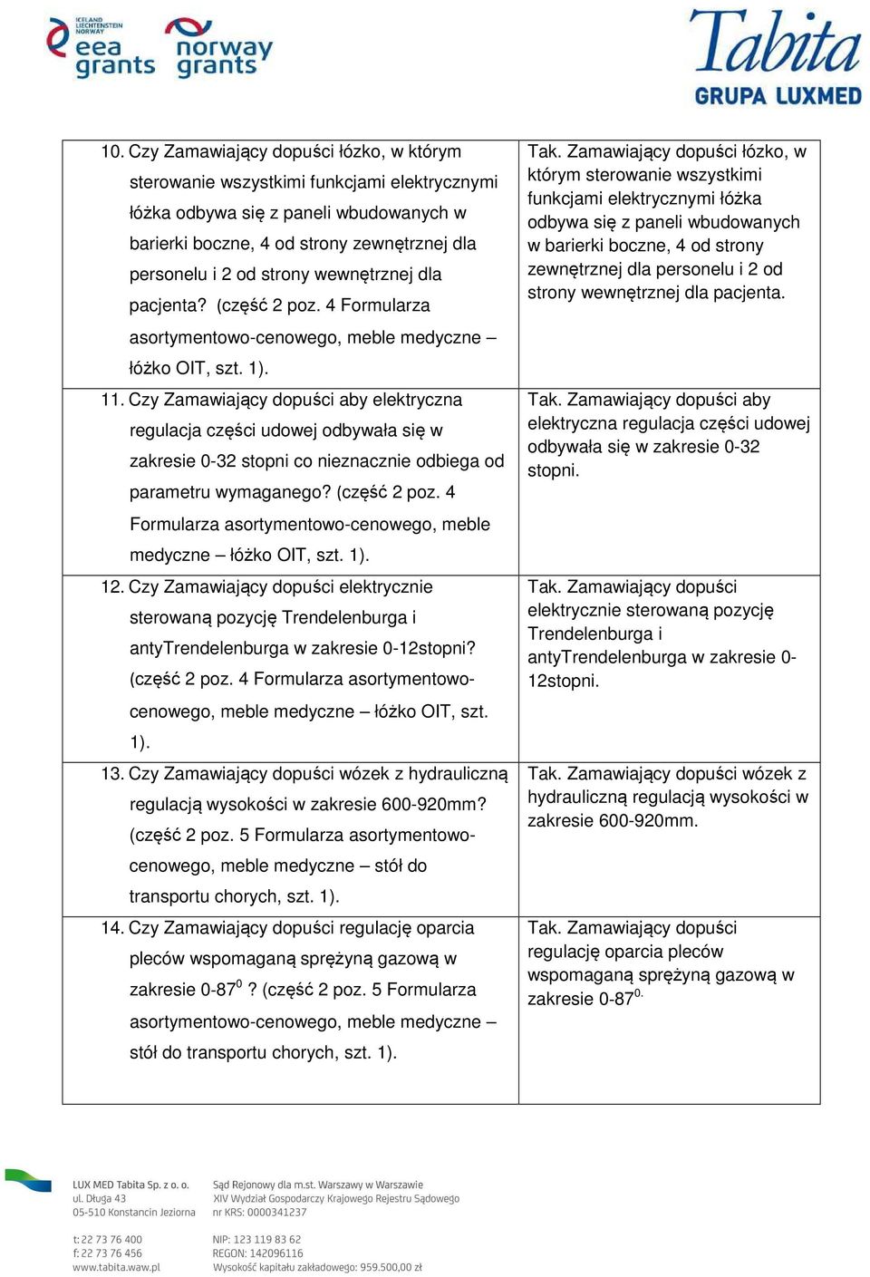 Czy Zamawiający dopuści aby elektryczna regulacja części udowej odbywała się w zakresie 0-32 stopni co nieznacznie odbiega od parametru wymaganego? (część 2 poz. 4 medyczne 12.