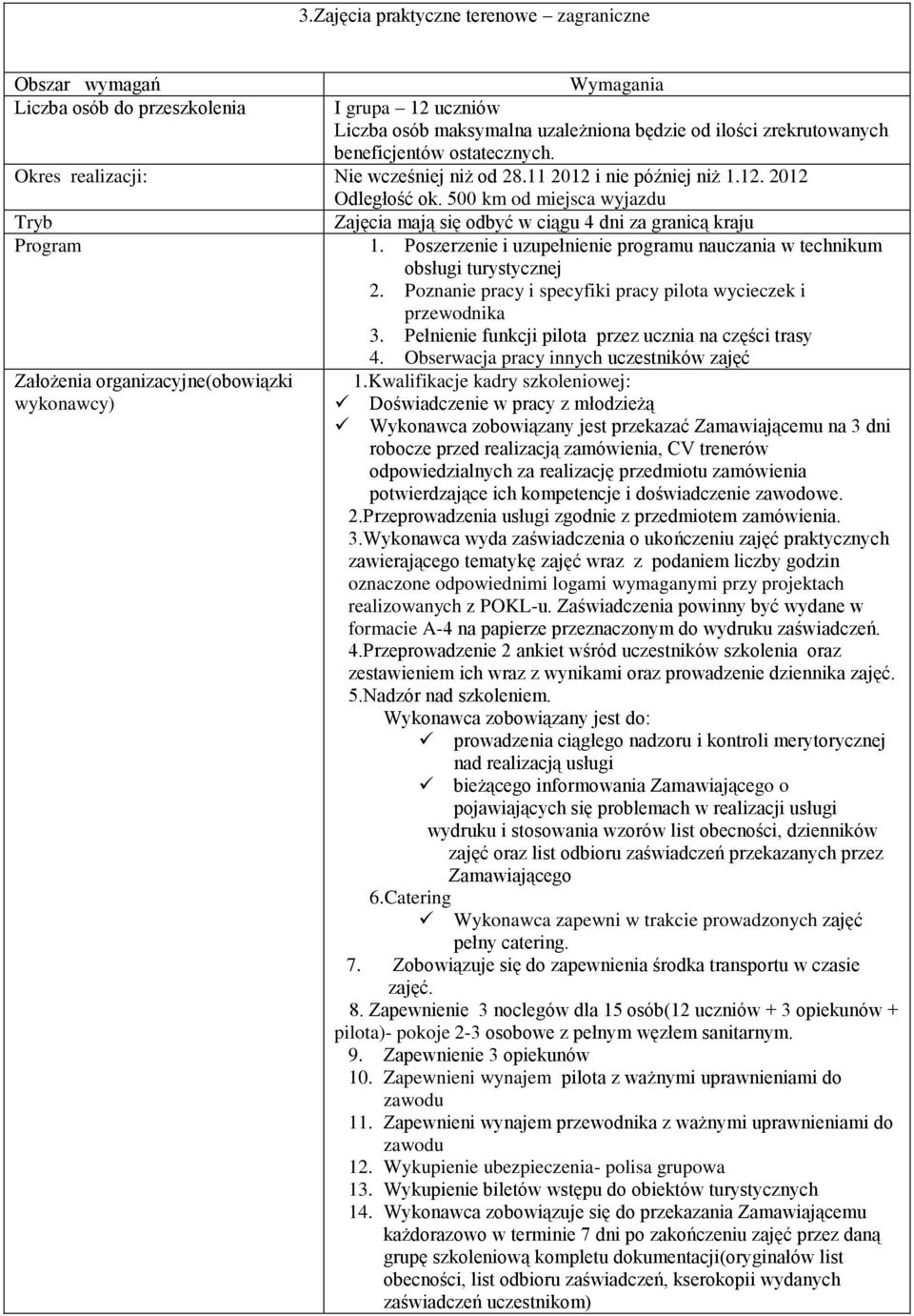 500 km od miejsca wyjazdu Tryb Zajęcia mają się odbyć w ciągu 4 dni za granicą kraju Program 1. Poszerzenie i uzupełnienie programu nauczania w technikum obsługi turystycznej 2.