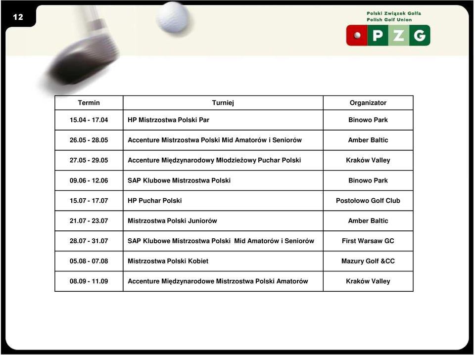 06-12.06 SAP Klubowe Mistrzostwa Polski Binowo Park 15.07-17.07 HP Puchar Polski Postołowo Golf Club 21.07-23.