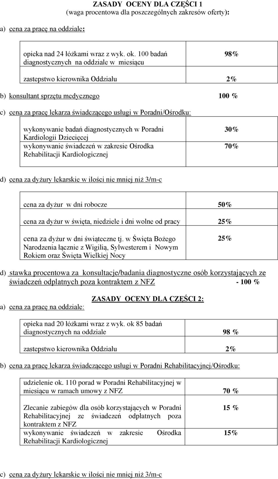 Kardiologii Dziecięcej wykonywanie świadczeń w zakresie Ośrodka Rehabilitacji Kardiologicznej 30% 70% d) cena za dyżury lekarskie w ilości nie mniej niż 3/m-c cena za dyżur w dni robocze 50% d)