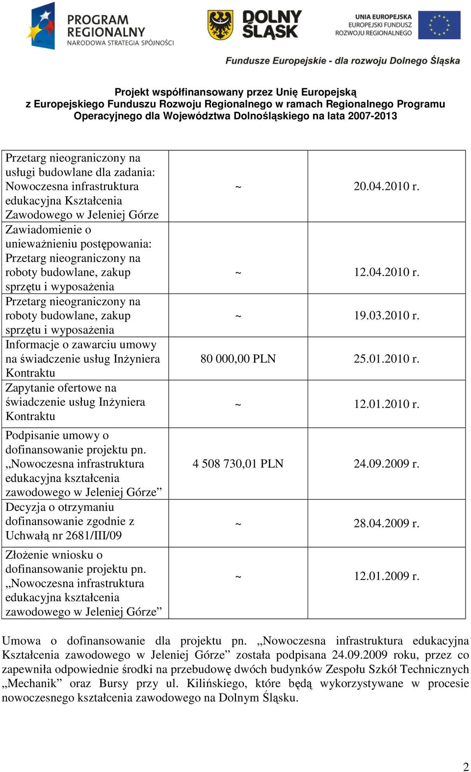 Nowoczesna infrastruktura edukacyjna kształcenia zawodowego w Jeleniej Górze Decyzja o otrzymaniu dofinansowanie zgodnie z Uchwałą nr 2681/III/09 ZłoŜenie wniosku o dofinansowanie projektu pn.