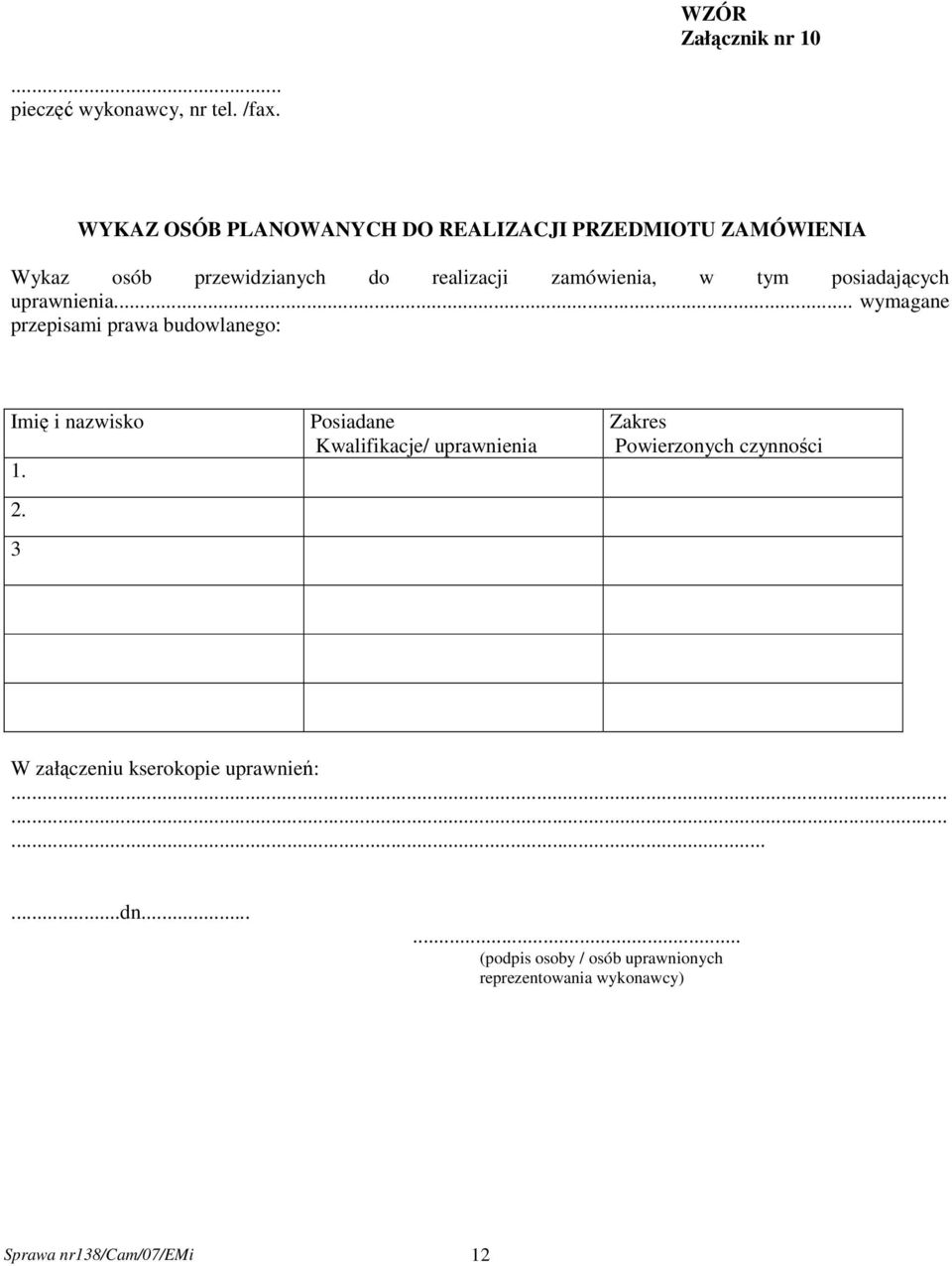 tym posiadających uprawnienia... wymagane przepisami prawa budowlanego: Imię i nazwisko 1. 2.