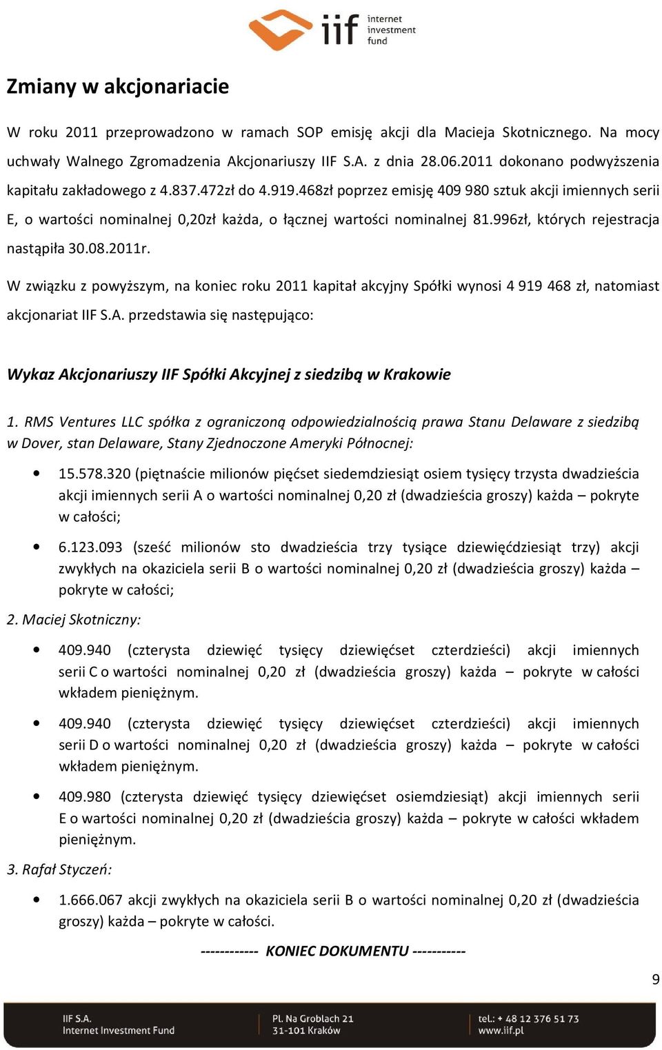 996zł, których rejestracja nastąpiła 30.08.2011r. W związku z powyższym, na koniec roku 2011 kapitał akcyjny Spółki wynosi 4919 468 zł, natomiast akcjonariat IIF S.A.