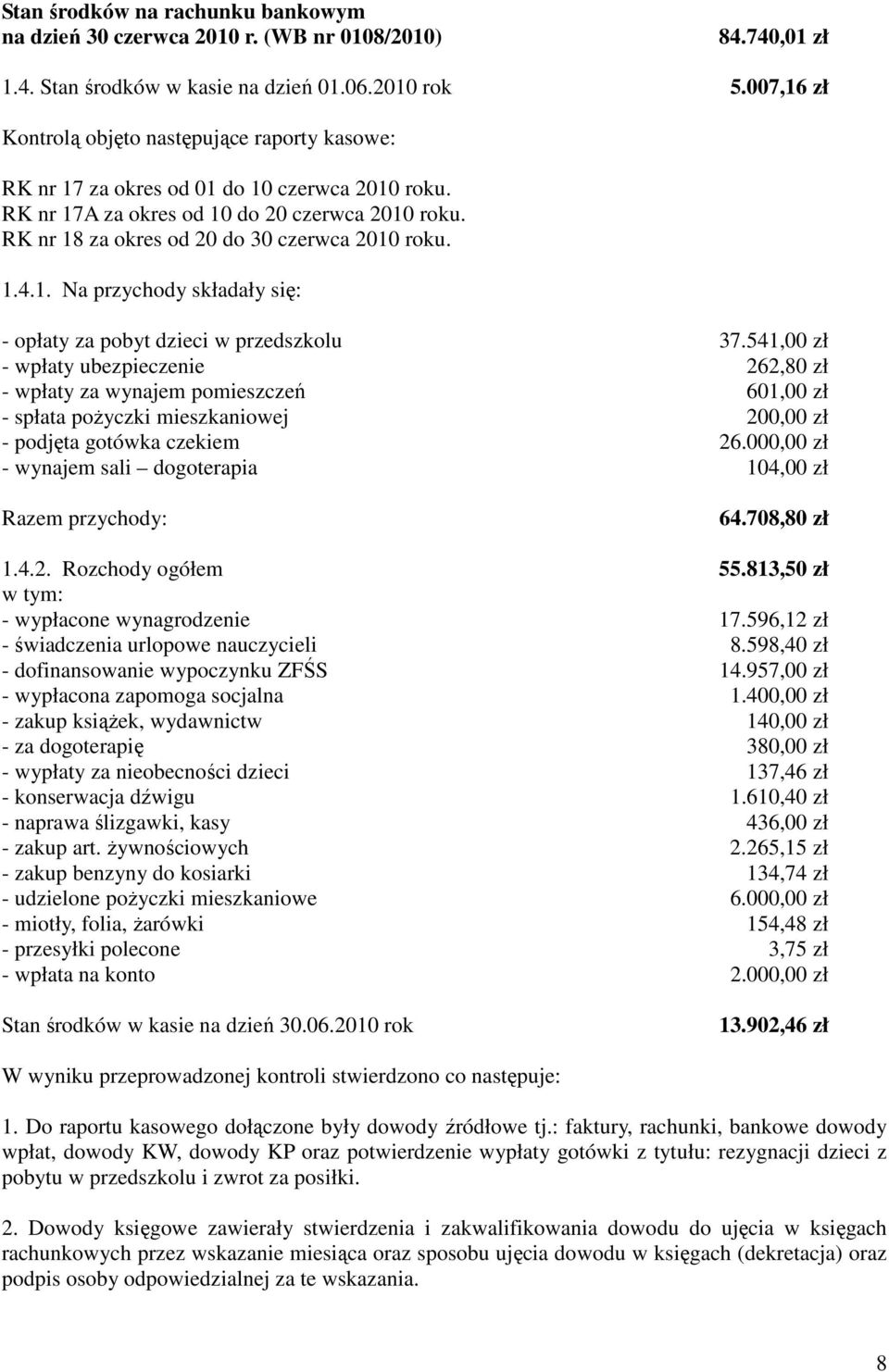 RK nr 18 za okres od 20 do 30 czerwca 2010 roku. 1.4.1. Na przychody składały się: - opłaty za pobyt dzieci w przedszkolu 37.