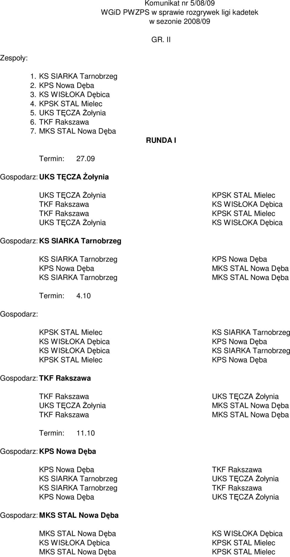 7. RUNDA I Termin: 27.09 Gospodarz: Gospodarz: Termin: 4.