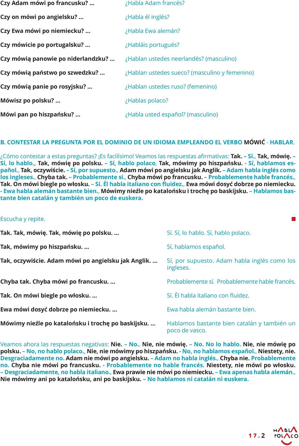 (masculino) Hablan ustedes sueco? (masculino y femenino) Hablan ustedes ruso? (femenino) Hablas polaco? Habla usted español? (masculino) B.