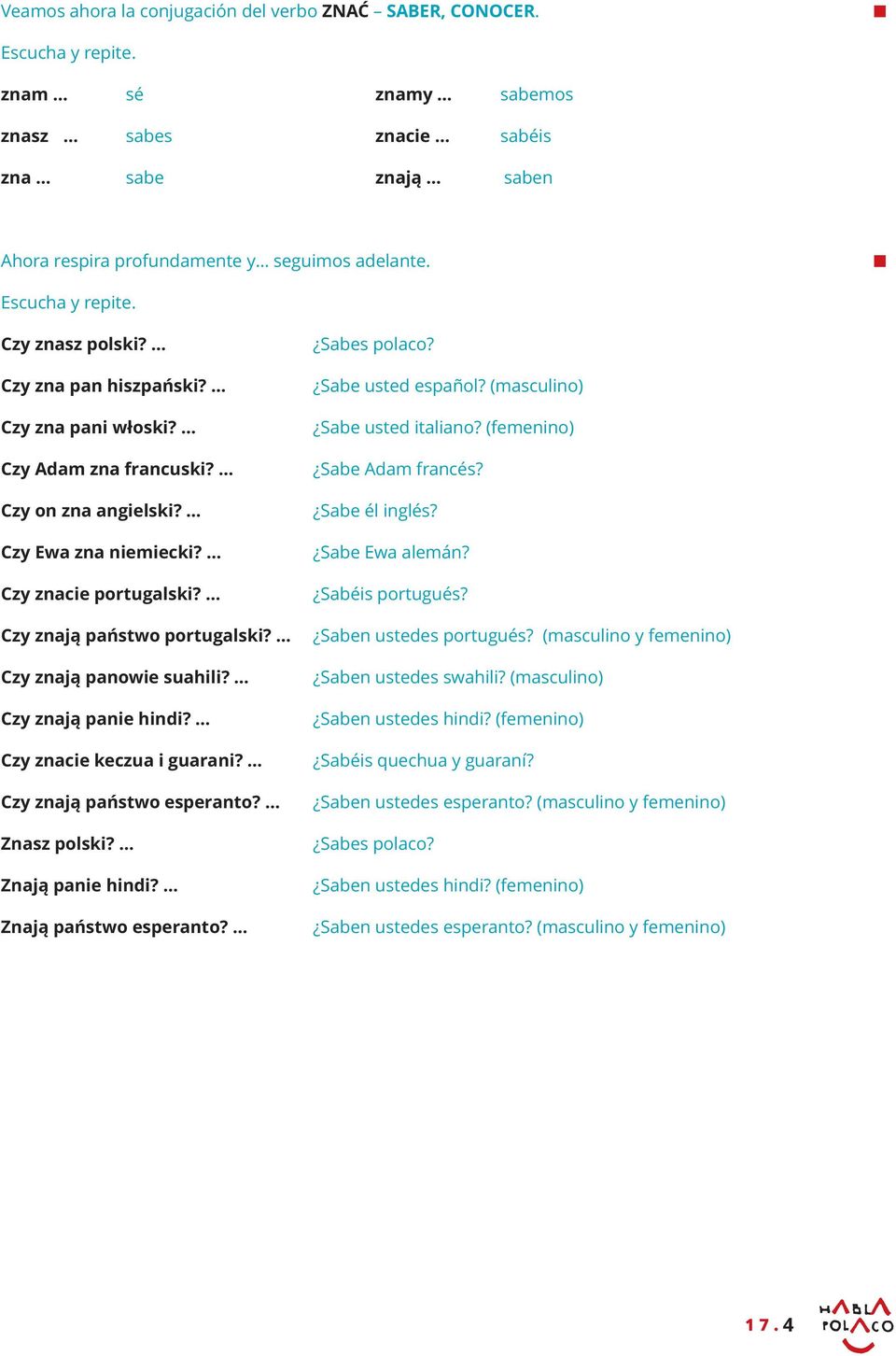 Czy znają panie hindi? Czy znacie keczua i guarani? Czy znają państwo esperanto? Znasz polski? Znają panie hindi? Znają państwo esperanto? Sabes polaco? Sabe usted español?