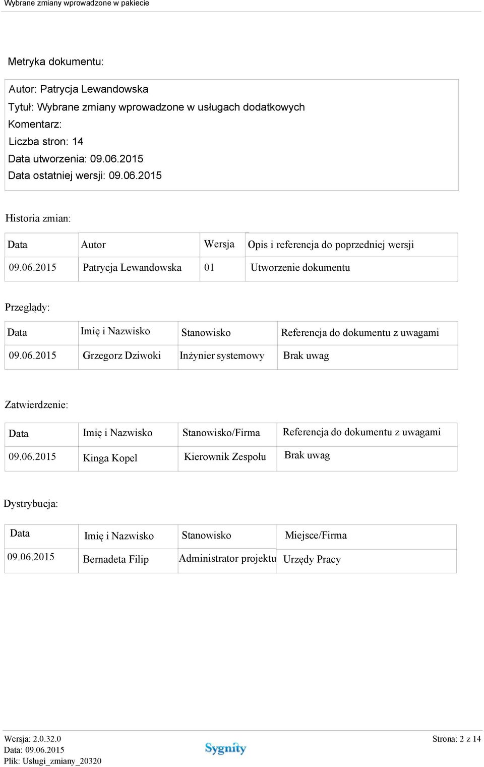 06.2015 Grzegorz Dziwoki Inżynier systemowy Brak uwag Zatwierdzenie: Data Imię i Nazwisko Stanowisko/Firma Referencja do dokumentu z uwagami 09.06.2015 Kinga Kopel Kierownik Zespołu Brak uwag Dystrybucja: Data Imię i Nazwisko Stanowisko Miejsce/Firma 09.
