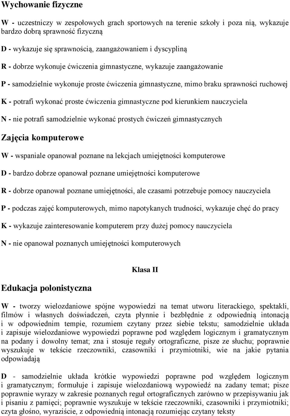 gimnastyczne pod kierunkiem nauczyciela N - nie potrafi samodzielnie wykonać prostych ćwiczeń gimnastycznych Zajęcia komputerowe W - wspaniale opanował poznane na lekcjach umiejętności komputerowe D