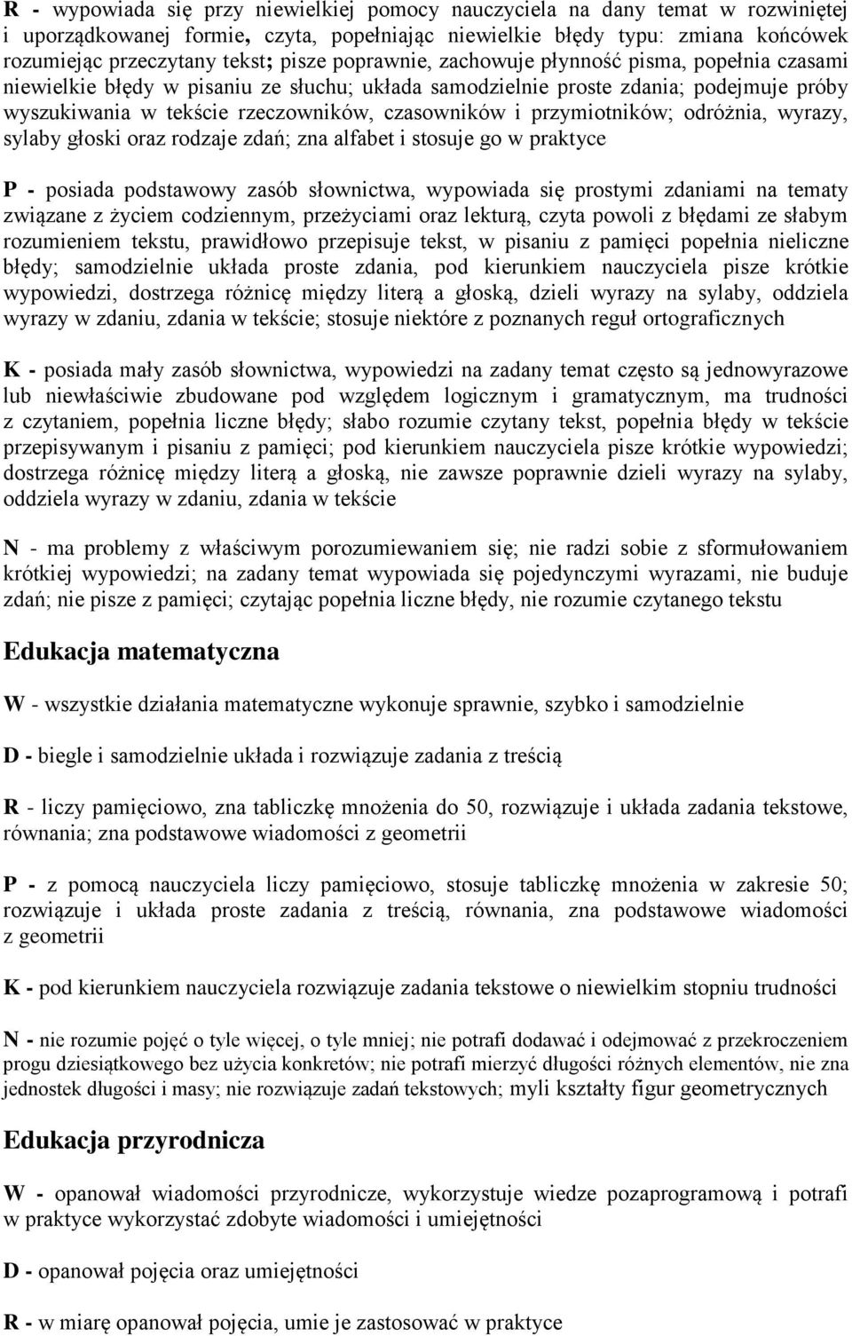 przymiotników; odróżnia, wyrazy, sylaby głoski oraz rodzaje zdań; zna alfabet i stosuje go w praktyce P - posiada podstawowy zasób słownictwa, wypowiada się prostymi zdaniami na tematy związane z