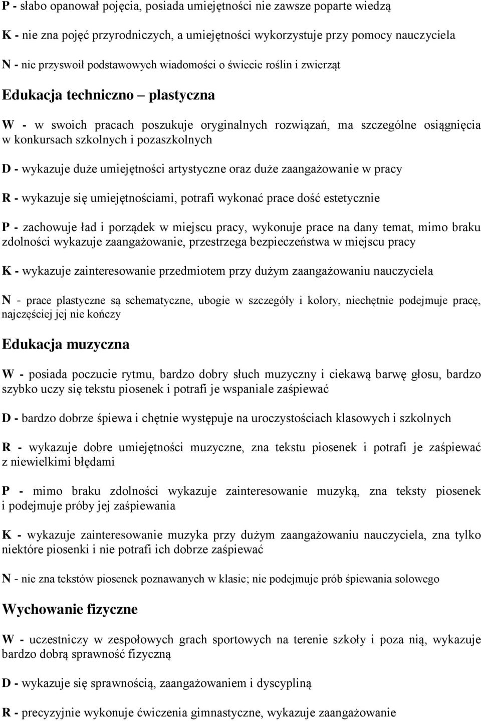 wykazuje duże umiejętności artystyczne oraz duże zaangażowanie w pracy R - wykazuje się umiejętnościami, potrafi wykonać prace dość estetycznie P - zachowuje ład i porządek w miejscu pracy, wykonuje