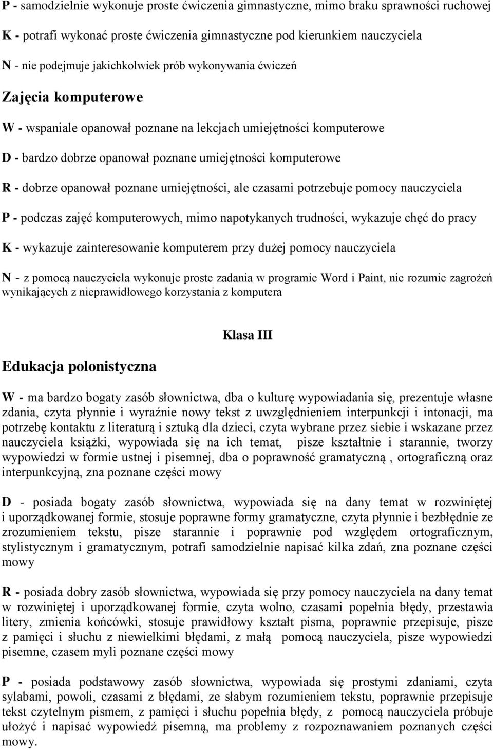 poznane umiejętności, ale czasami potrzebuje pomocy nauczyciela P - podczas zajęć komputerowych, mimo napotykanych trudności, wykazuje chęć do pracy K - wykazuje zainteresowanie komputerem przy dużej