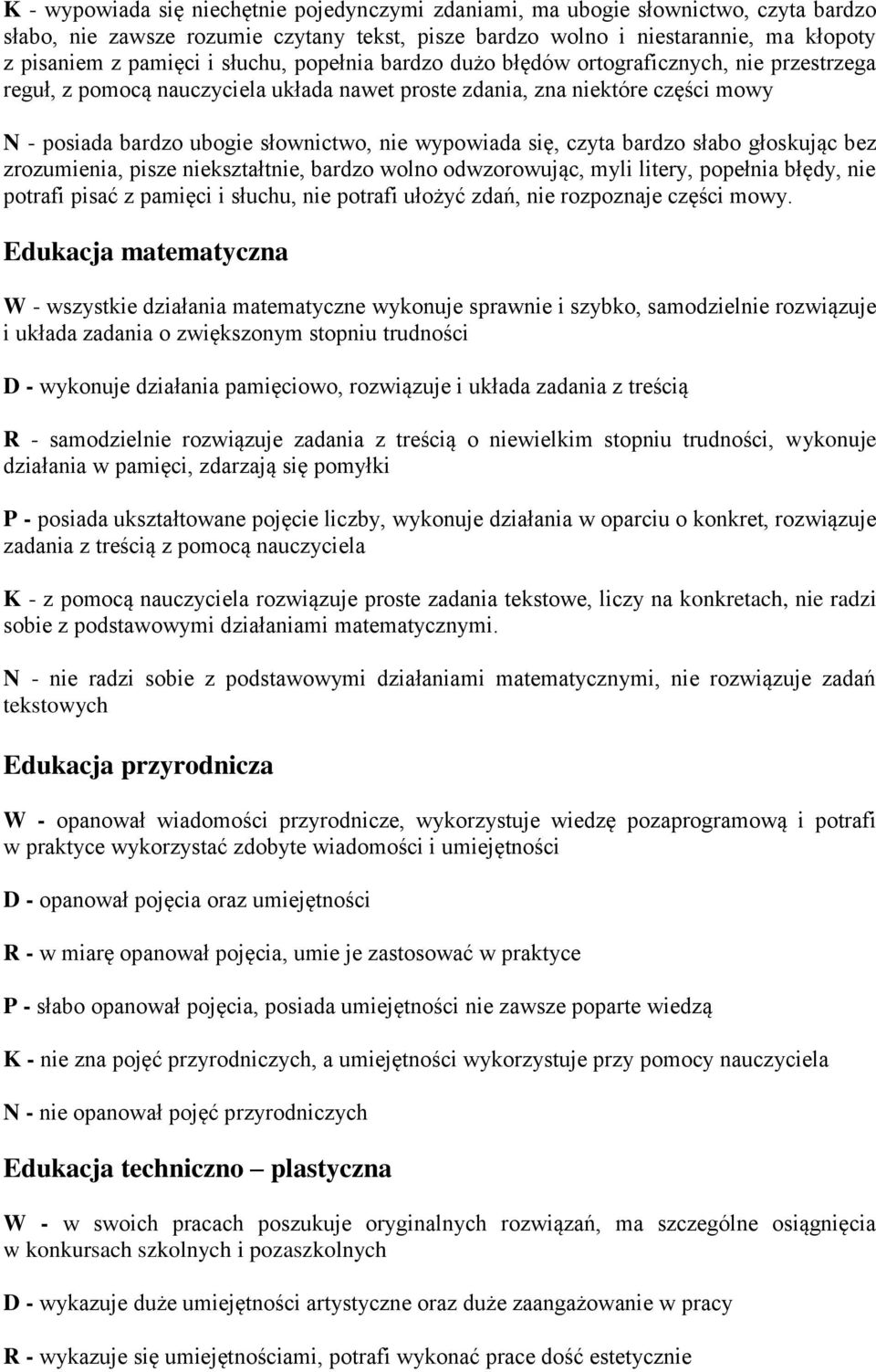 wypowiada się, czyta bardzo słabo głoskując bez zrozumienia, pisze niekształtnie, bardzo wolno odwzorowując, myli litery, popełnia błędy, nie potrafi pisać z pamięci i słuchu, nie potrafi ułożyć