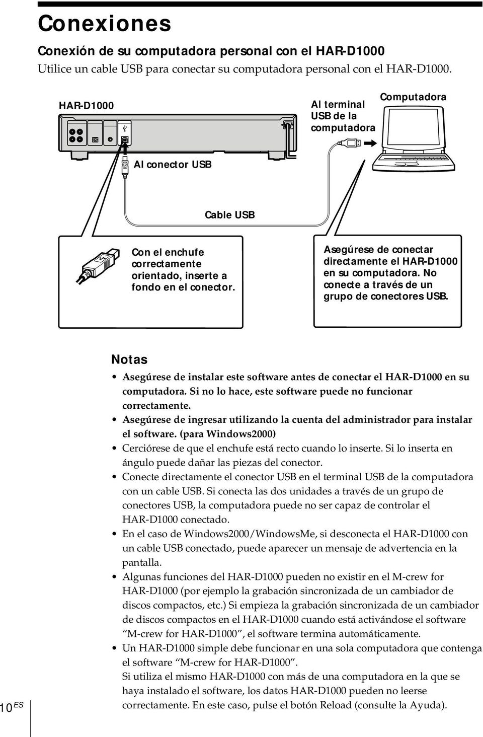 Asegúrese de conectar directamente el HAR-D1000 en su computadora. No conecte a través de un grupo de conectores USB.