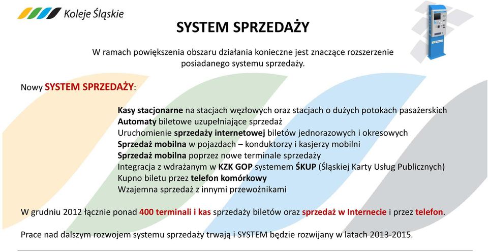 Sprzedaż mobilna w pojazdach konduktorzy i kasjerzy mobilni Sprzedaż mobilna poprzez nowe terminale sprzedaży Integracja z wdrażanym w KZK GOP systemem ŚKUP (Śląskiej Karty Usług Publicznych) Kupno